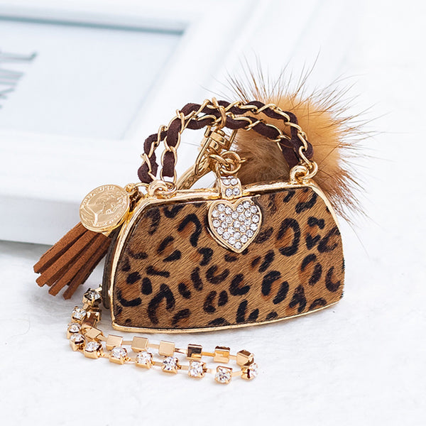 Wholesale Retro Bag Heart Shape Leopard PU Leather Keychain | Rhinestone Inlay, Women's Bag Pendant