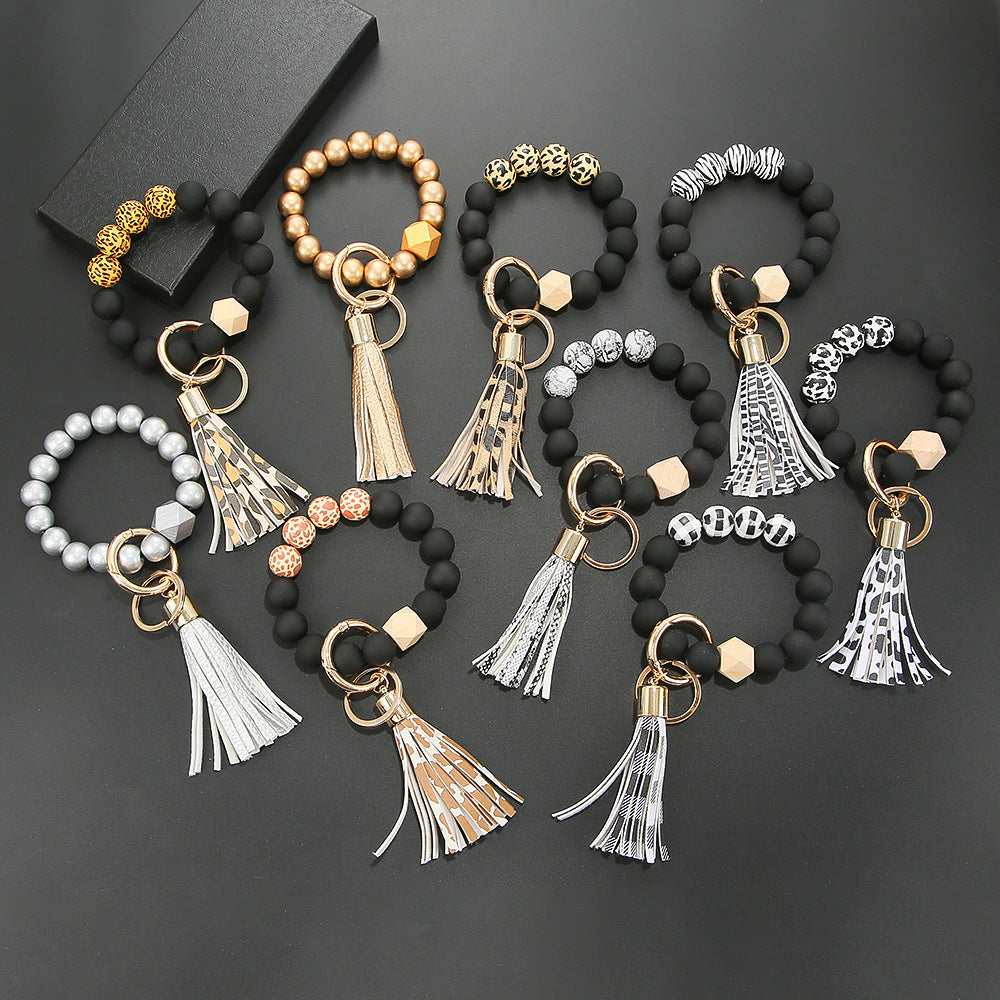 Wholesale 1 Piece Fashion Tassel PU Leather Beaded Women's Keychain