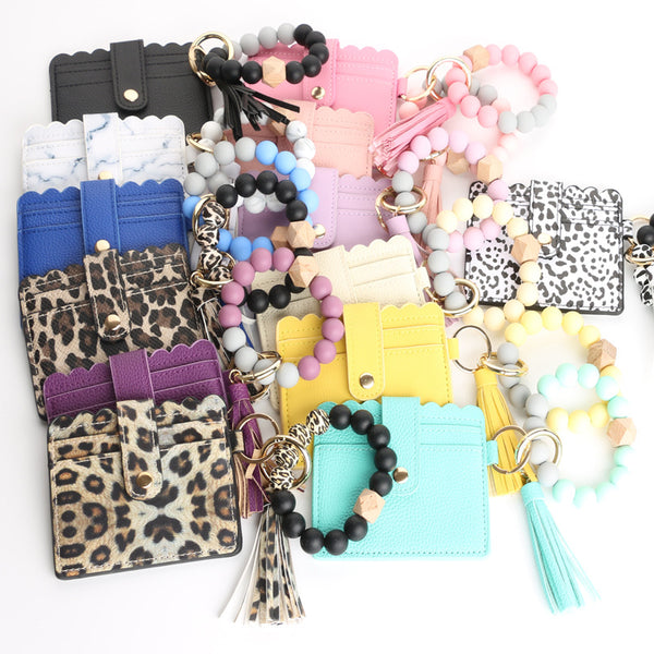 Wholesale 1 Piece Fashion Tassel Solid Color Leopard PU Leather Beaded Women's Keychain