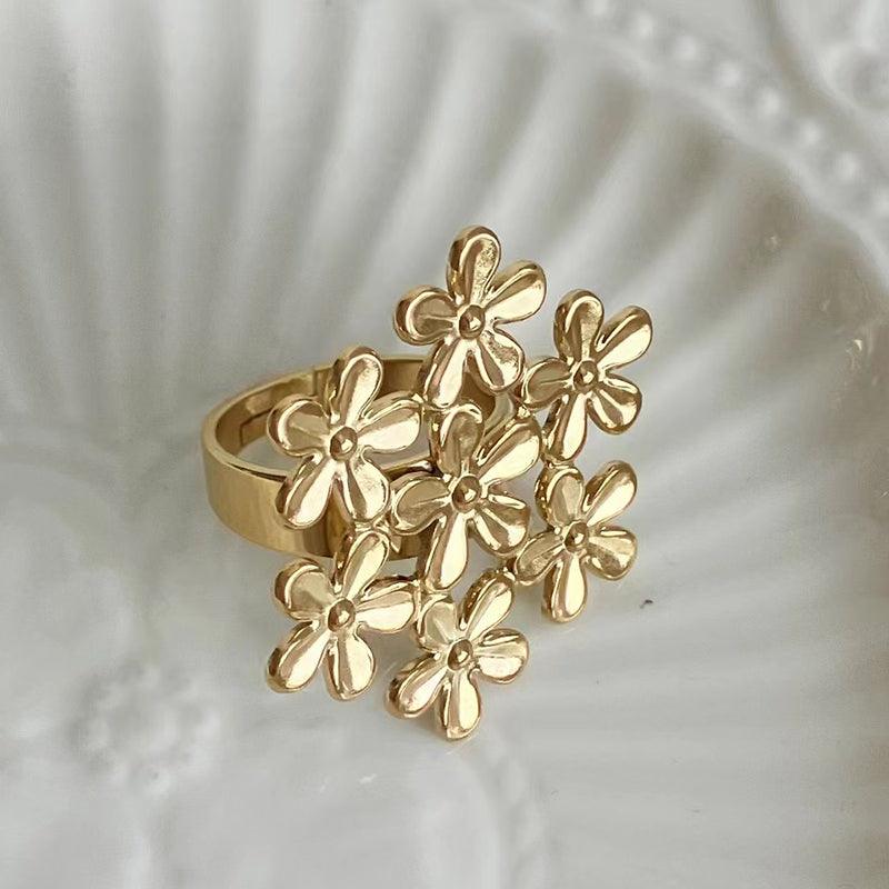 Wholesale Elegant Sweet Flower Stainless Steel Open Rings Gold Plated - ChicMeto