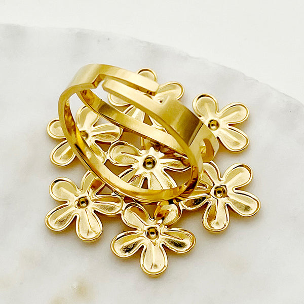Wholesale Elegant Sweet Flower Stainless Steel Open Rings Gold Plated