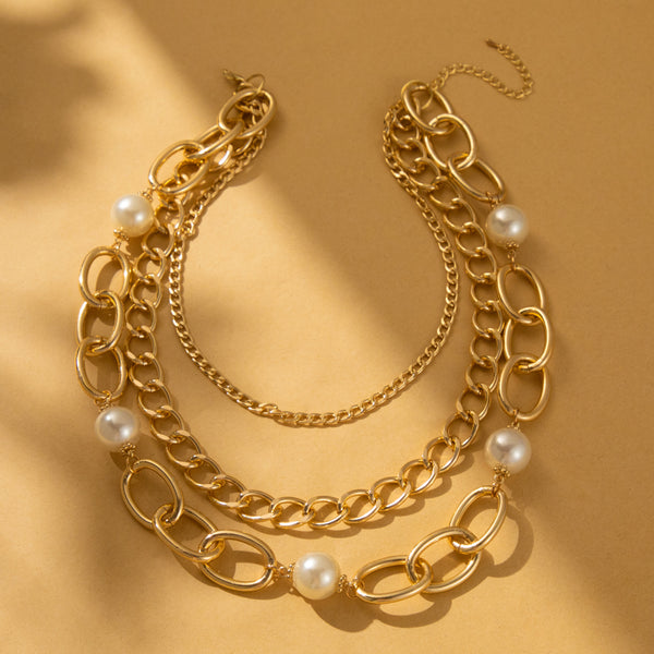 Wholesale Casual Retro Geometric Imitation Pearl Aluminum Layered Necklaces