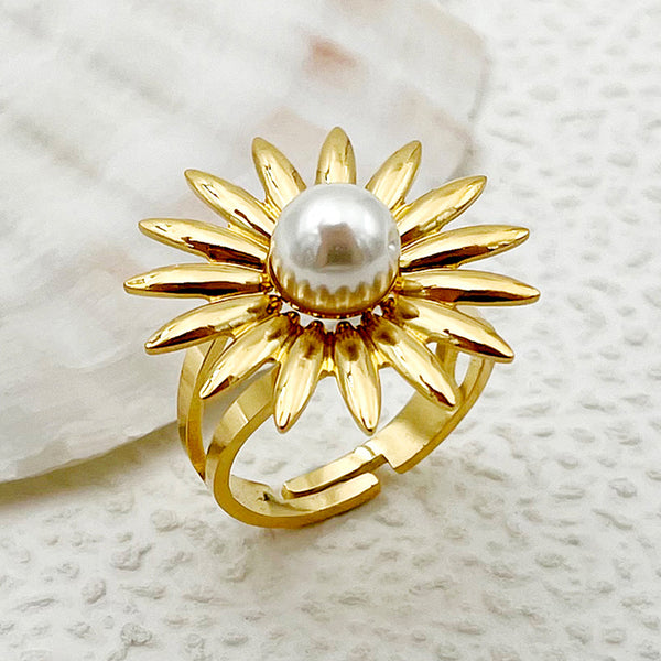 Wholesale Elegant Sweet Commute Flower Stainless Steel Open Rings  Gold Plated with Pearl Inlay