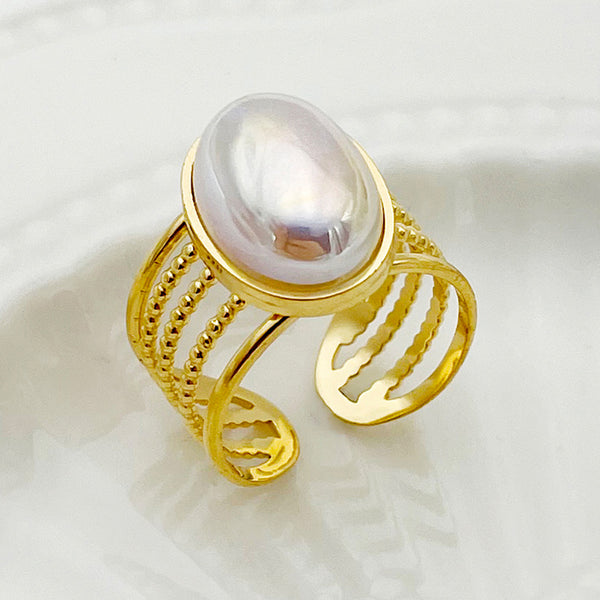 Wholesale Casual Vintage Oval Stainless Steel Open Rings  Gold Plated with Pearl Inlay