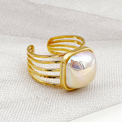 Wholesale Casual Elegant Vintage Style Square Stainless Steel Plating Inlay Shell Gold Plated Open Rings - ChicMeto