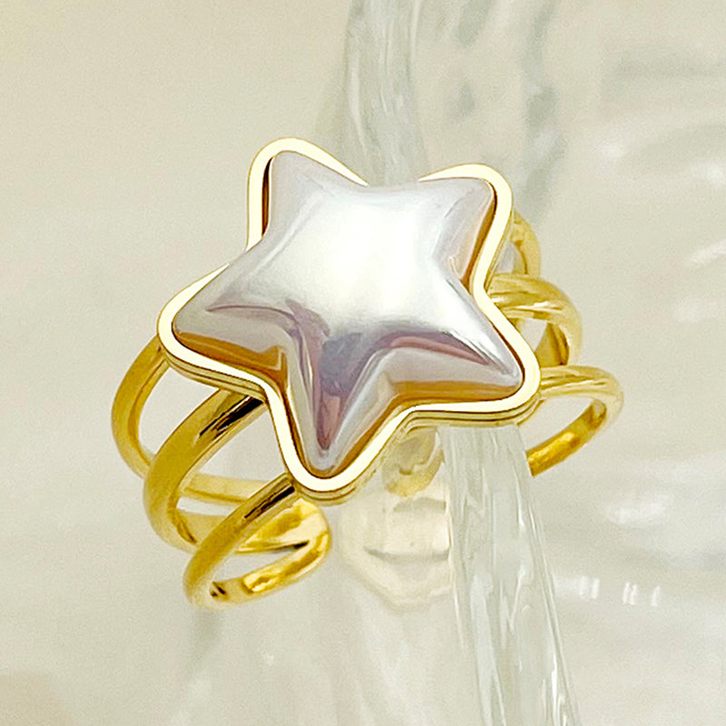 Wholesale 304 Stainless Steel Gold Plated Elegant Cute Plating Inlay Star Shell Open Rings - ChicMeto