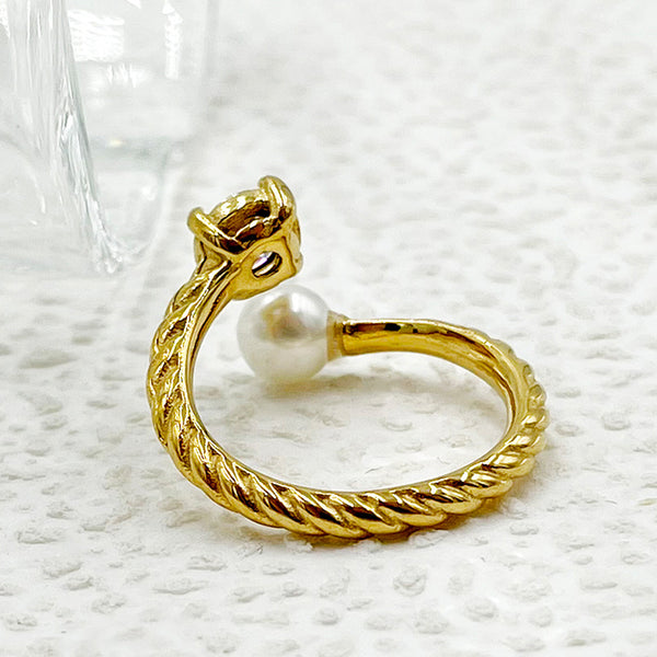 Wholesale Elegant Sweet Roman Style Stainless Steel Rings Gold Plated with Pearl Zircon Inlays