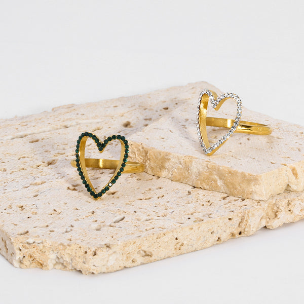 Wholesale Simple Heart Shaped Stainless Steel Rings | 18K Gold Plated with Rhinestone Inlays