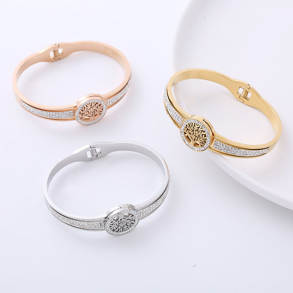 Wholesale Classic Style Life Tree Stainless Steel Rhinestones 18K Gold Plated Bangle