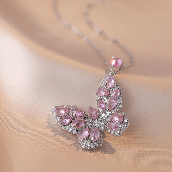 Wholesale Titanium Steel Sweet Butterfly Diamond Pendant Necklace