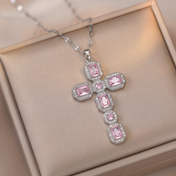 Wholesale Titanium Steel Vintage Style Cross Diamond Pendant Necklace
