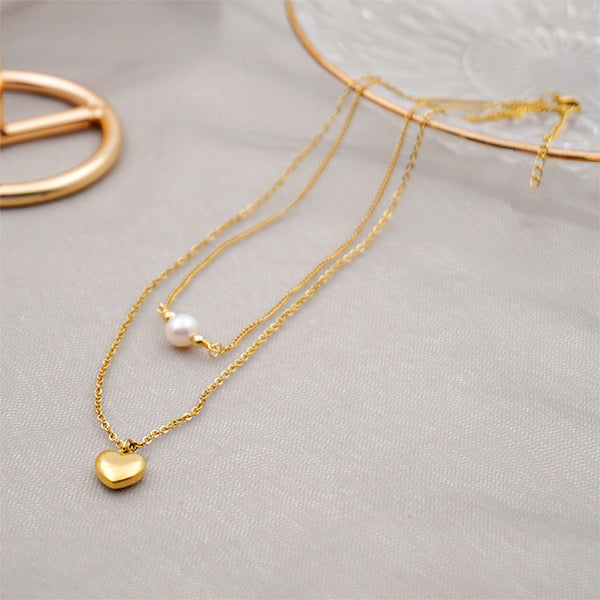 Wholesale Titanium Steel Gold Plated Simple Style Heart Shape Inlay Artificial Pearls Double Layer Necklaces Sweater Chain