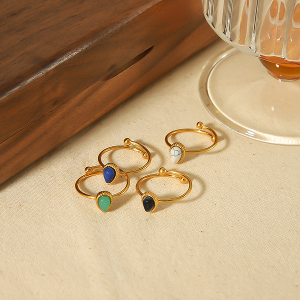 Wholesale Stainless Steel 18K Gold Plated Vintage Water Droplets Rings with Natural Stone Inlay