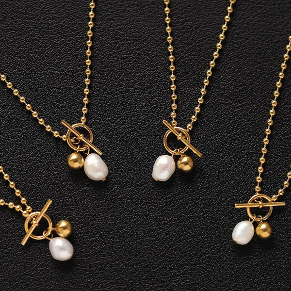 Wholesale 304 Stainless Steel 18K Gold Plated IG Style Simple Style Toggle Pearl Geometric Pendant Necklace