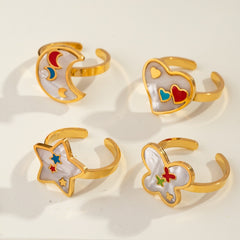 Wholesale Casual Sweet Simple Style Moon Butterfly 304 Stainless Steel 18K Gold Plated Resin Rhinestones Shell Adjustable Ring In Bulk - ChicMeto