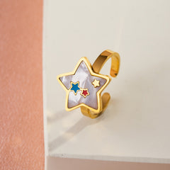 Wholesale Casual Sweet Simple Style Moon Butterfly 304 Stainless Steel 18K Gold Plated Resin Rhinestones Shell Adjustable Ring In Bulk - ChicMeto