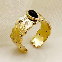 Wholesale Vintage Style Commute Sector Moon 304 Stainless Steel 14K Gold Plated Natural Stone Zircon Rings In Bulk - ChicMeto