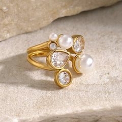 Wholesale Jewelry IG Style Irregular Geometric Stainless Steel Pearl Zircon 18K Gold Plated Rings - ChicMeto