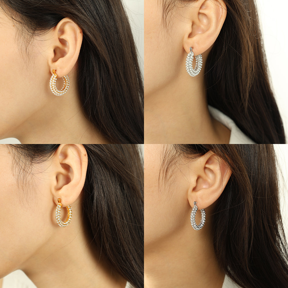 wholesale Elegant French Style Commute Circle Polishing Inlay 304 Stainless Steel Rhinestones Glass Bead 18K Gold Plated Earrings - ChicMeto