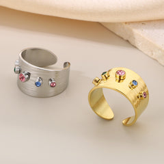 Wholesale Jewelry Vintage Style Round Stainless Steel Rhinestones 18K Gold Plated Open Rings - ChicMeto