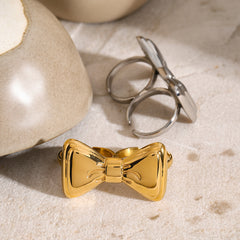 Wholesale Jewelry IG Style Bow Knot Stainless Steel 18K Gold Plated Rings - ChicMeto