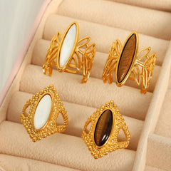 Wholesale Jewelry IG Style Tropical Oval Tiger Eye Shell Stainless Steel 18K Gold Plated Open Rings - ChicMeto