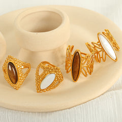 Wholesale Jewelry IG Style Tropical Oval Tiger Eye Shell Stainless Steel 18K Gold Plated Open Rings - ChicMeto