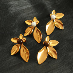 Wholesale 1 Pair IG Style Exaggerated Luxurious Petal Polishing Inlay 304 Stainless Steel Glass Stone Tiger Eye 18K Gold Plated Ear Studs - ChicMeto