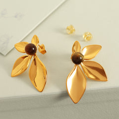 Wholesale 1 Pair IG Style Exaggerated Luxurious Petal Polishing Inlay 304 Stainless Steel Glass Stone Tiger Eye 18K Gold Plated Ear Studs - ChicMeto