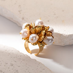 Wholesale Jewelry Casual Glam Flower Stainless Steel Pearl 14K Gold Plated Rings - ChicMeto