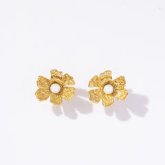 Wholesale 1 Pair Vacation Sweet Flower Inlay 304 Stainless Steel Pearl 18K Gold Plated Ear Studs - ChicMeto