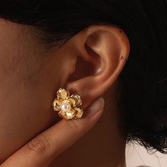 Wholesale 1 Pair IG Style Sweet Flower Inlay 201 Stainless Steel Artificial Pearls 18K Gold Plated Ear Studs - ChicMeto