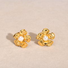 Wholesale 1 Pair IG Style Sweet Flower Inlay 201 Stainless Steel Artificial Pearls 18K Gold Plated Ear Studs - ChicMeto