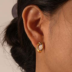 Wholesale 1 Pair IG Style Simple Shiny Oval Inlay 201 Stainless Steel Zircon Ear Studs - ChicMeto