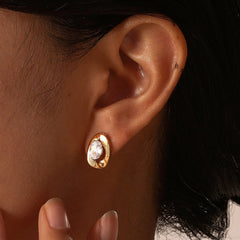 Wholesale 1 Pair IG Style Simple Shiny Oval Inlay 201 Stainless Steel Zircon Ear Studs - ChicMeto