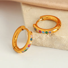 wholesale Elegant Simple IG Style Round Polishing Inlay 304 Stainless Steel Rhinestones 18K Gold Plated Earrings - ChicMeto