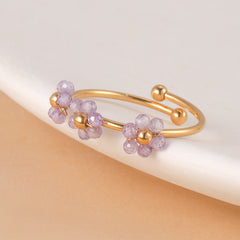 Wholesale Jewelry Bohemian Casual Flower Stainless Steel Beaded 14K Gold Plated Open Rings - ChicMeto