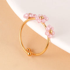 Wholesale Jewelry Bohemian Casual Flower Stainless Steel Beaded 14K Gold Plated Open Rings - ChicMeto