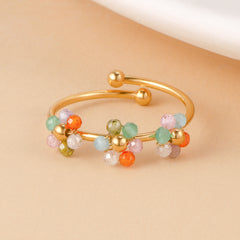 Wholesale Jewelry Bohemian Casual Flower Stainless Steel Beaded 14K Gold Plated Open Rings - ChicMeto