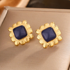 Wholesale 1 Pair Elegant Vintage Style Commute Square Argyle Frill Inlay 304 Stainless Steel Resin 18K Gold Plated Ear Studs - ChicMeto