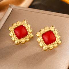 Wholesale 1 Pair Elegant Vintage Style Commute Square Argyle Frill Inlay 304 Stainless Steel Resin 18K Gold Plated Ear Studs - ChicMeto