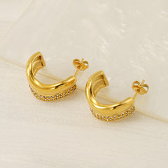 Wholesale 1 Pair Simple Classic Style C Shape Plating Inlay 304 Stainless Steel Rhinestones 18K Gold Plated Ear Studs - ChicMeto