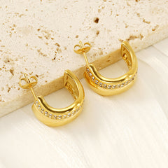 Wholesale 1 Pair Simple Classic Style C Shape Plating Inlay 304 Stainless Steel Rhinestones 18K Gold Plated Ear Studs - ChicMeto