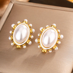 wholesale IG Style Vintage Oval Enamel Plating Inlay 304 Stainless Steel Artificial Pearls Turquoise 18K Gold Plated Ear Studs - ChicMeto