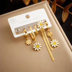 wholesale Sweet Shiny Daisy Tassel Enamel Inlay 304 Stainless Steel Zircon Drop Earrings - ChicMeto