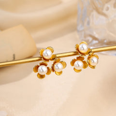 wholesale Elegant Lady Streetwear Flower Inlay 304 Stainless Steel Artificial Pearls 18K Gold Plated Ear Studs - ChicMeto