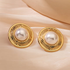 wholesale Retro Simple Style Commute Round Heart Shape Inlay 304 Stainless Steel Pearl Ear Studs - ChicMeto