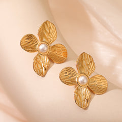 wholesale Retro Exaggerated Flower Inlay 304 Stainless Steel Pearl Ear Studs - ChicMeto