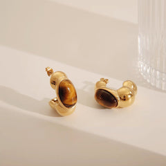 Wholesale 1 Pair Vintage Classic Style C Shape Plating Inlay 304 Stainless Steel Acrylic Natural Stone Tiger Eye 18K Gold Plated Ear Studs - ChicMeto