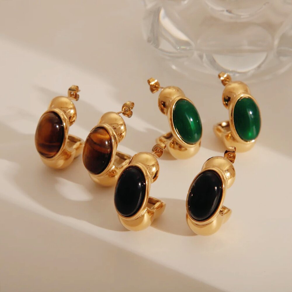 Wholesale 1 Pair Vintage Classic Style C Shape Plating Inlay 304 Stainless Steel Acrylic Natural Stone Tiger Eye 18K Gold Plated Ear Studs - ChicMeto